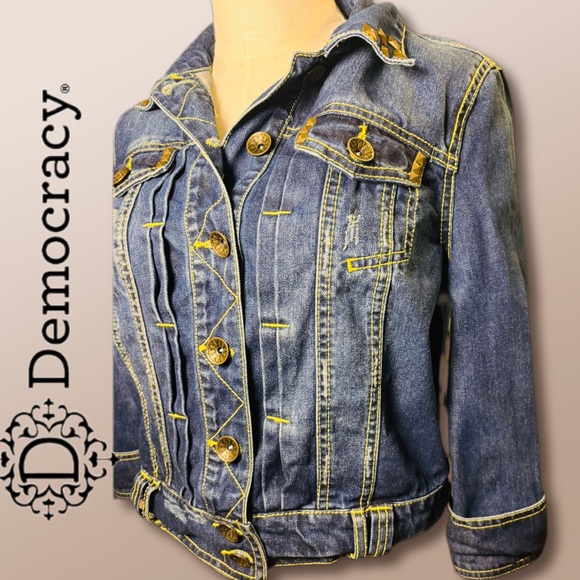 Democracy Jackets & Blazers - Democracy Distressed Denim Jacket with Yellow Stitching and Bronze hardware EUC